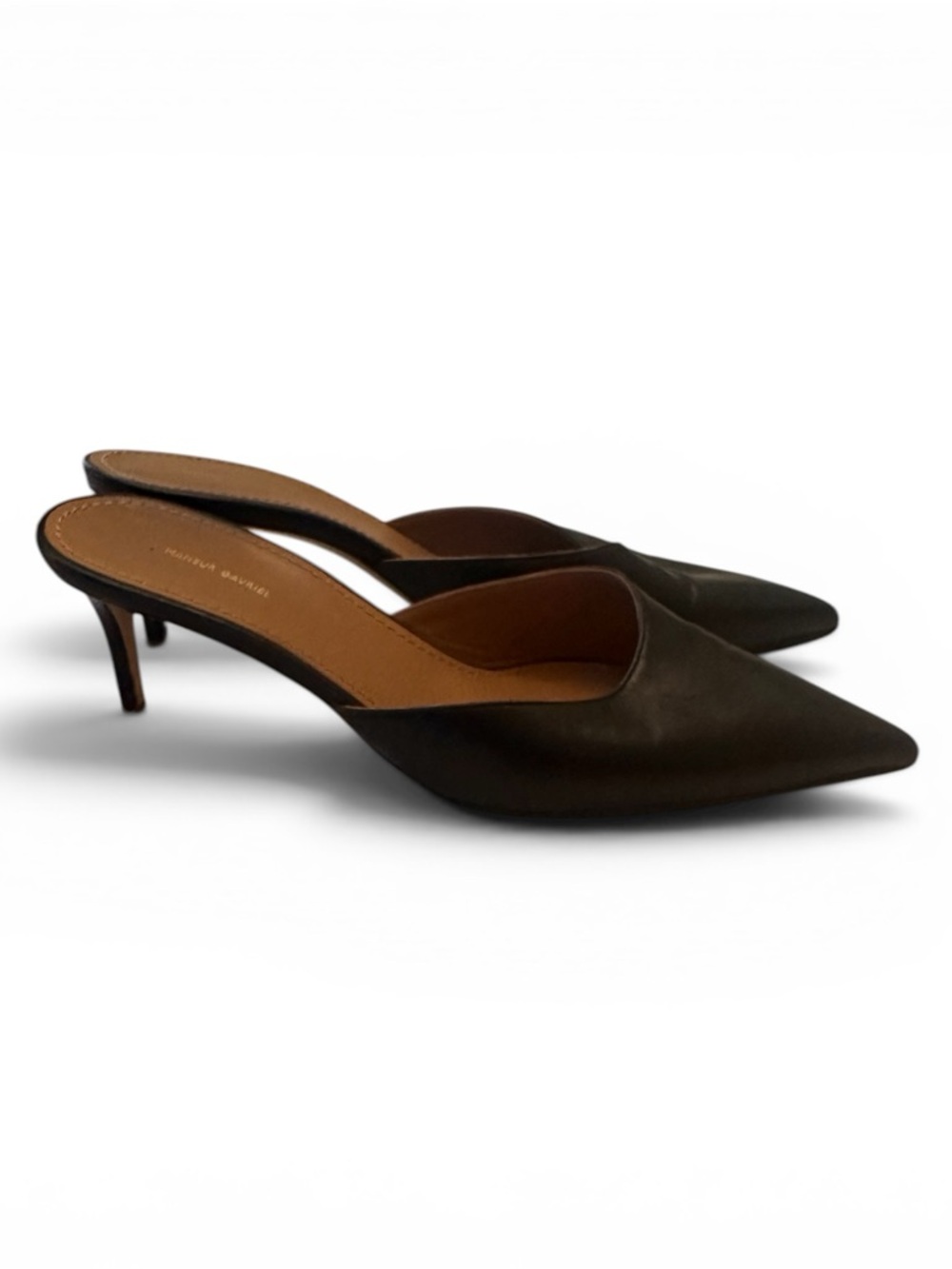 Mansur Gavriel Black Leather Mule Heels Size 39 Pointed Toe Kitten Heel